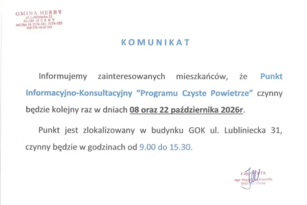 Punkt konsultacyjny programu „Czyste Powietrze” w Gminie Herby – październikowe terminy