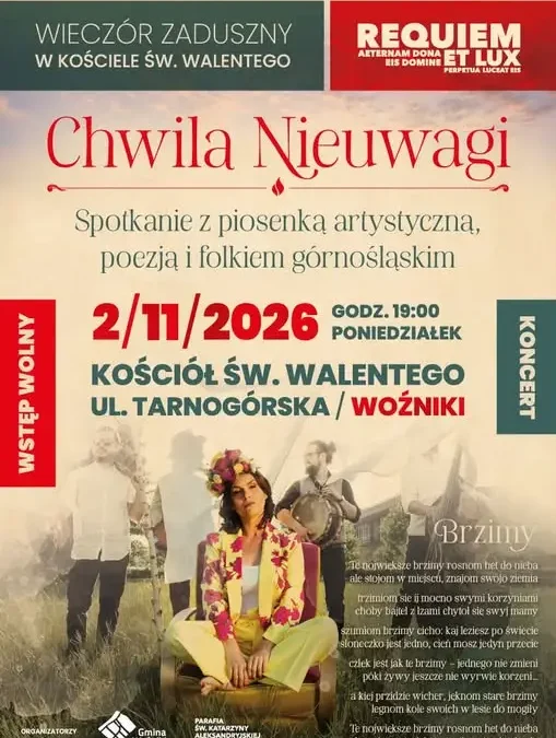 Wieczór Zaduszny w Woźnikach: koncert zespołu Chwila Nieuwagi w zabytkowym kościele
